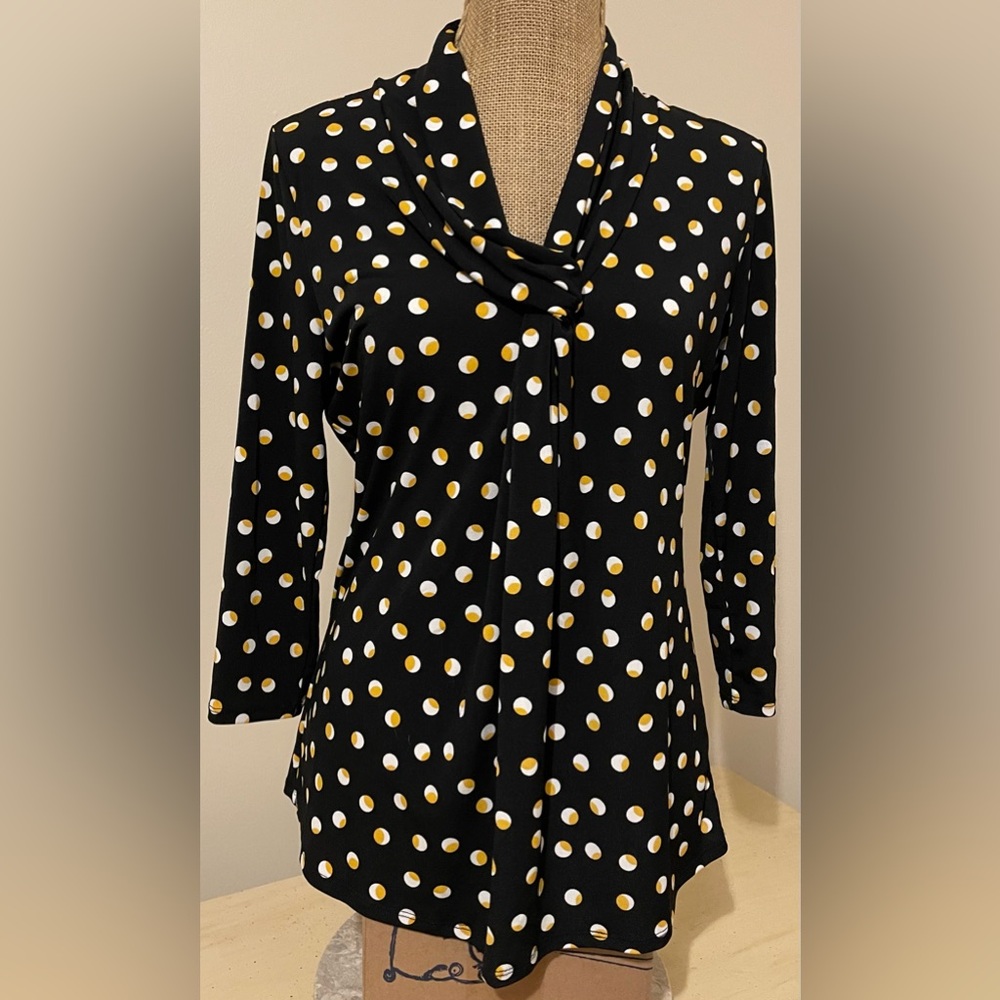Black & White Polka Dot Tie-Neck Blouse with Yellow Accents